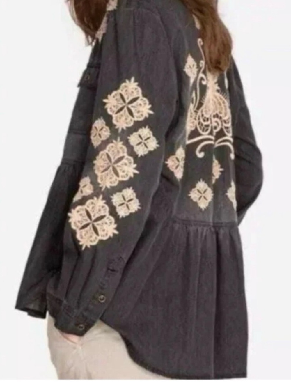 Johnny Was Embroidered Charcoal Button-Up Peplum Blouse - Beige Accents XL - Picture 3 of 4